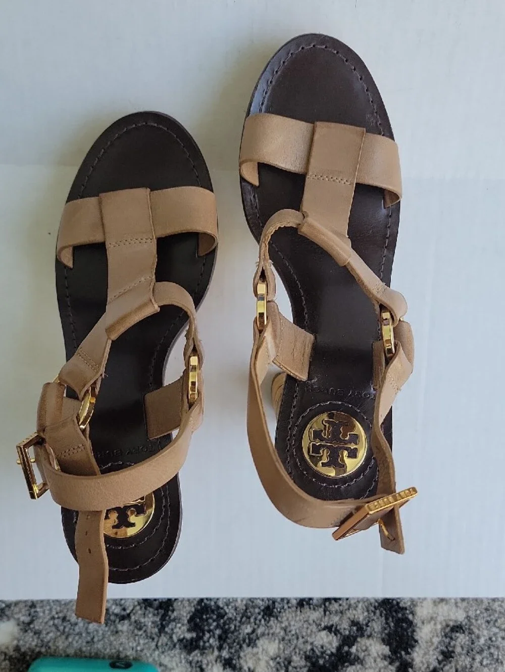 Tory Burch Beige Leather T-Strap Sandals with Gold Logo